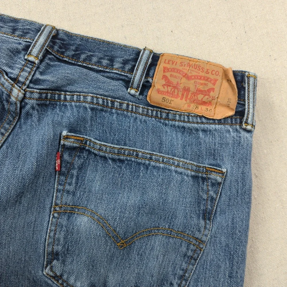 Levis Jeans Mens 38x34 Blue 501 Button Fly Classic American Distressed